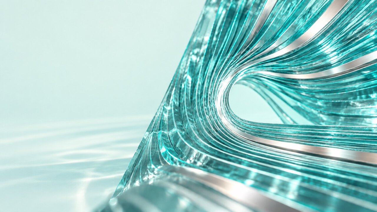 A material study photographed in bright daylight. Dense layers of clear turquoise glass bend around a bright aperture, pearl silver inlay running between them, standing in a shallow film of water that ripples away to the left. The left of the frame is empty pale mint.